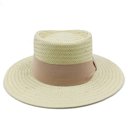 Chapéu de Palha Feminino de Verão Chapéu de Sol Luxuoso Feminino Chapéu de Praia de Proteção Solar da Moda Chapéu Panamá Francês Chapéu Raff de Aba Larga com Topo Abaulado