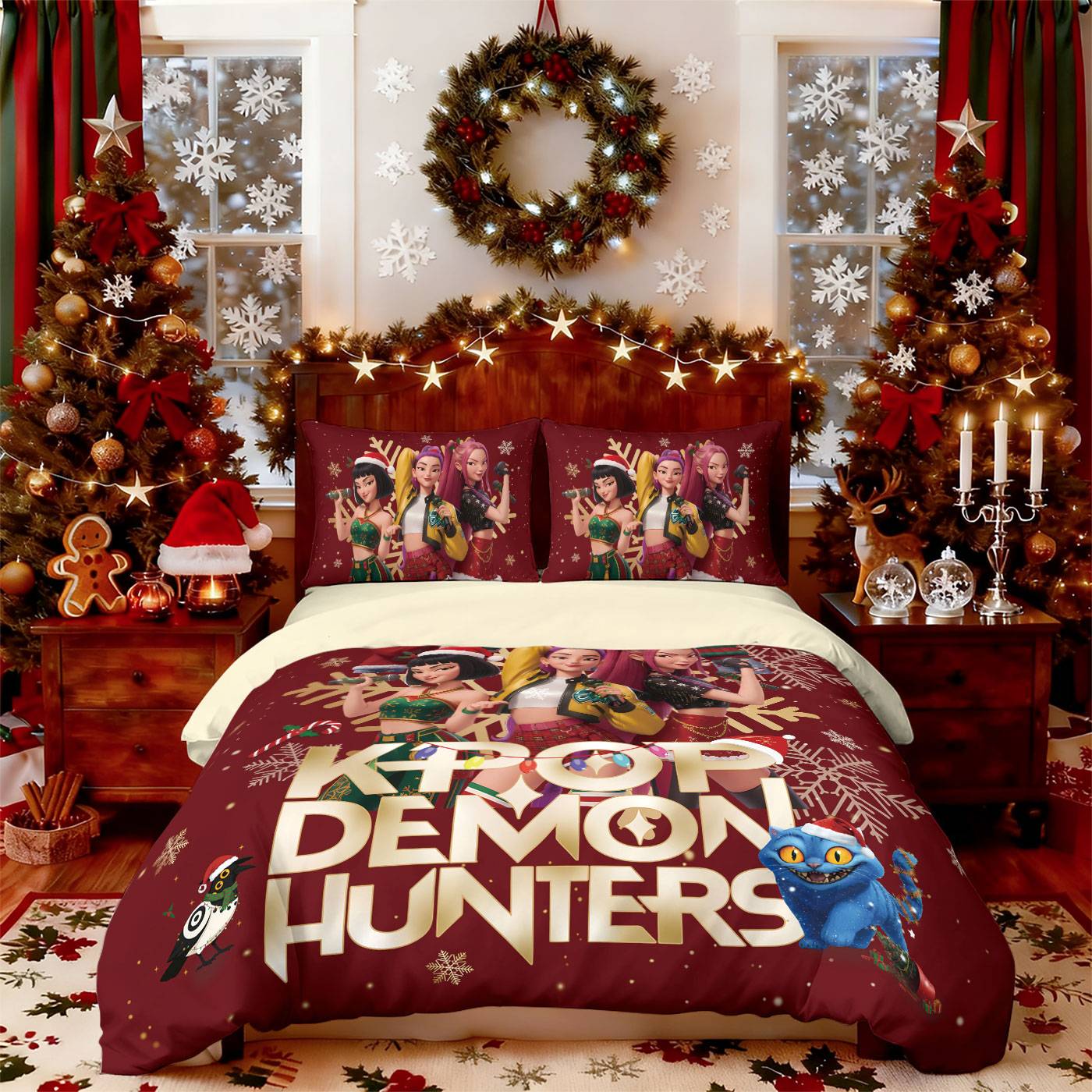 3pcs Christmas K-Pop Demon Hunters Print Coreless Bedding Set Multi Size Bedroom Bedding Decoration Machine Washable
