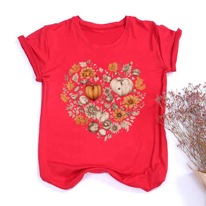 Fall Heart Women's Fall Shirt Pumpkin Season Short Sleeves Thanksgiving Halloween Party Shirts Fashion Women T-shirt Clothes