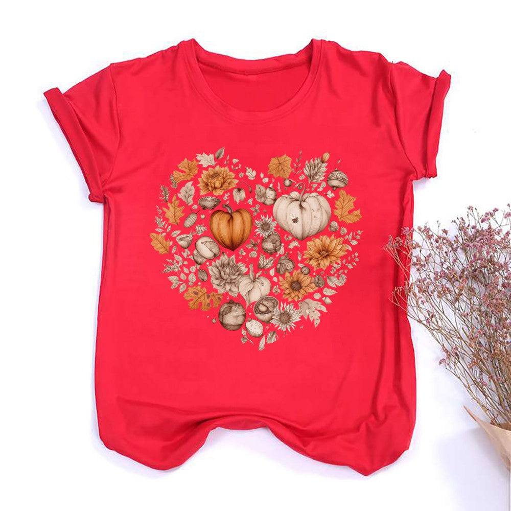 Fall Heart Women's Fall Shirt Pumpkin Season Short Sleeves Thanksgiving Halloween Party Shirts Fashion Women T-shirt Clothes