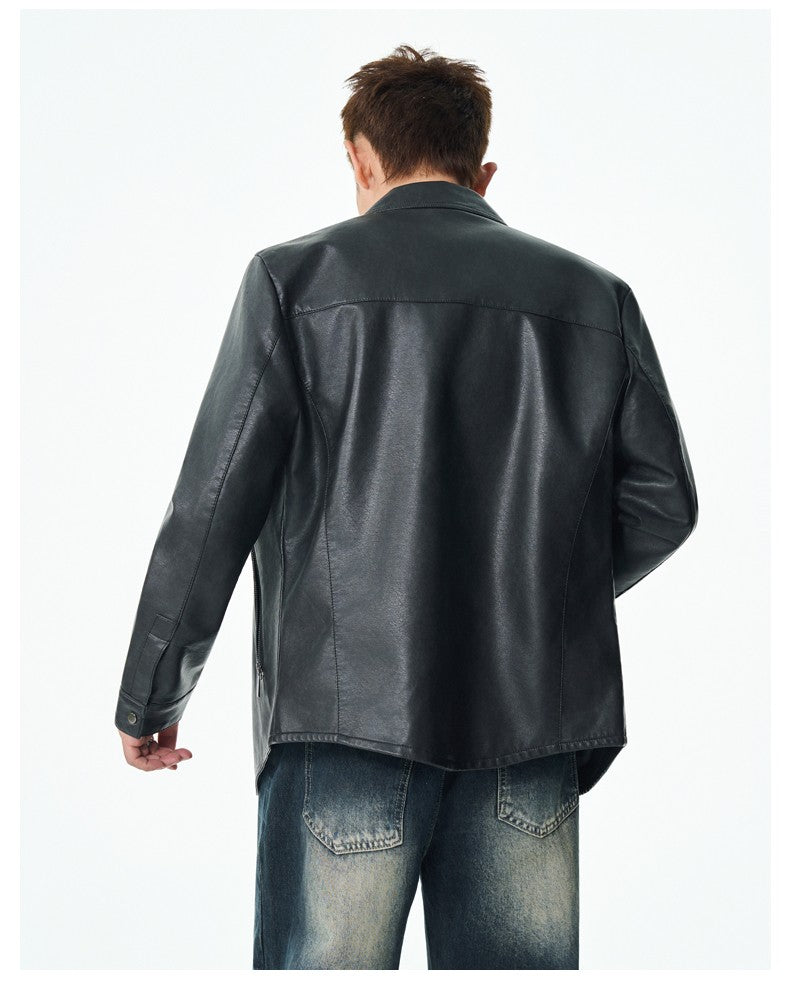 Men New Leather Jacket Men's Retro Black Classic Turn Collar Leather Jackets Trendy Cool Jacket Motorcycle Faux Leather Jacket