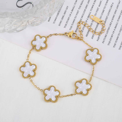Pulseira Clássica de Aço Inoxidável de Luxo Feminina Ajustável com Cinco Flores para Mulheres Novas Joias da Moda para Festas Presentes Trevo
