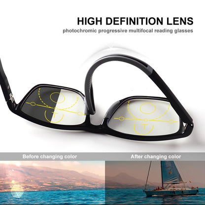Progressive Multi-Focus Reading Glasses, Photochromic, Anti-Blue Light, Tr90 Tough Frame, Suitable for Men and Women, +100-+400