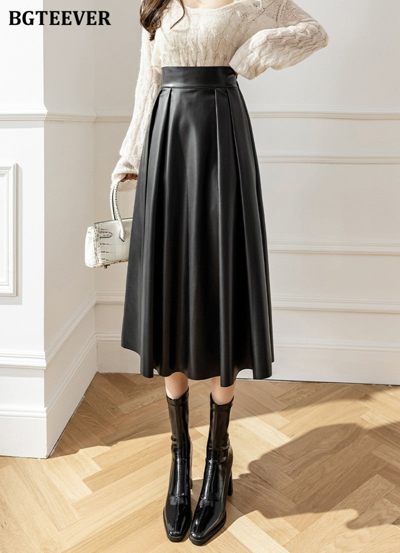 BGTEEVER Spring Autumn Loose PU Leather A-line Skirts Women Elegant High Waist Pleated Faux Leather Skirts Female