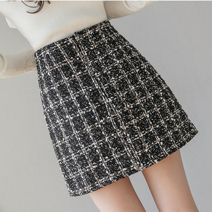 High Waist Single Breasted Women's Tweed Pencil Skirt With Pocket Autumn Winter Plaid Retro Woolen Short Skirts Female