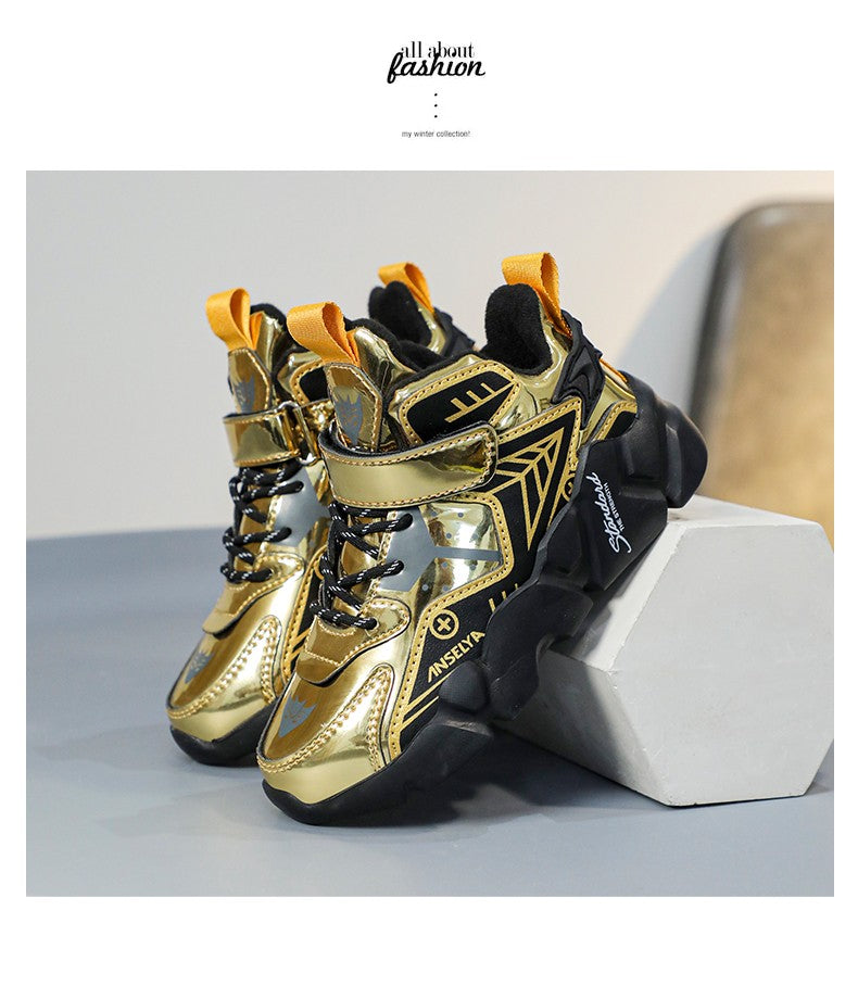 Winter Children's Fashion Sports Shoes Leather Boys' Running Sneakers Flat Casual Walking Shoes Warm Lightweight Outdoor Boots