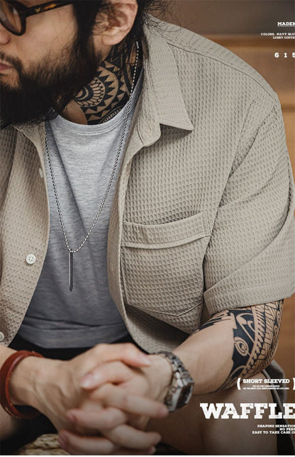 Summer Men's Waffle Short Sleeve Cargo Shirts 2025 New Casual Retro Breathable Lapel Blouse Y2K Vintage Streetwear Tee Shirt