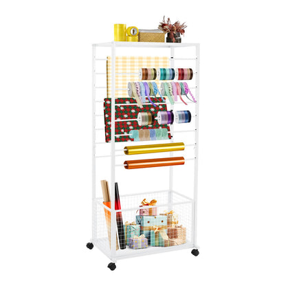 16 Tier Double-sided Ribbon Storage Rack, 67x32x150cm Baking Paint Iron Display Stand, Adjustable Crossbars Lockable Swivel Wheels Top Shelf Bottom Basket For Florist Wrapping Paper Organizing