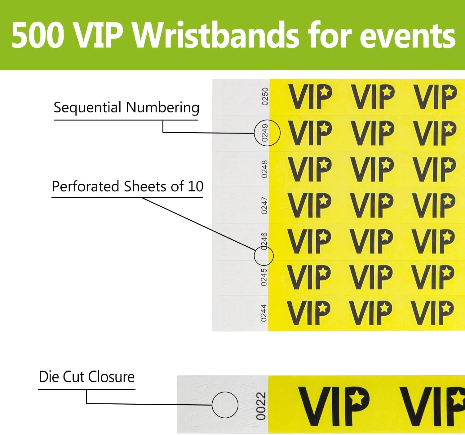 500 VIP Yellow Waterproof Paper Wristbands Lightweight Festival Event Identification Bracelets Party Favors