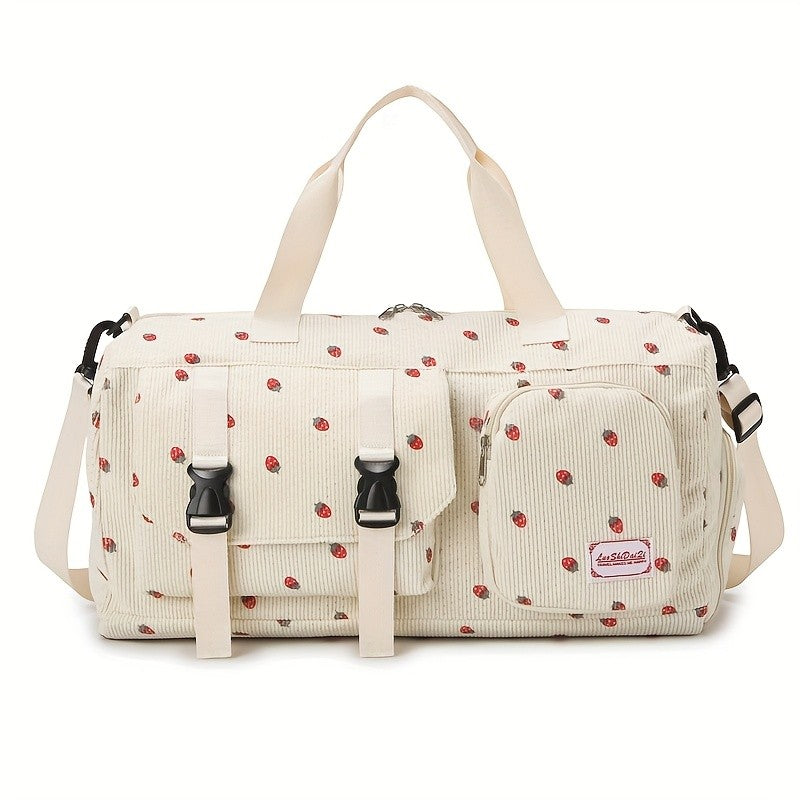 Large Capacity Travel Duffel Bag with Strawberry Pattern, Wet/Dry Separation, Independent Shoe Compartment & Multiple Pockets