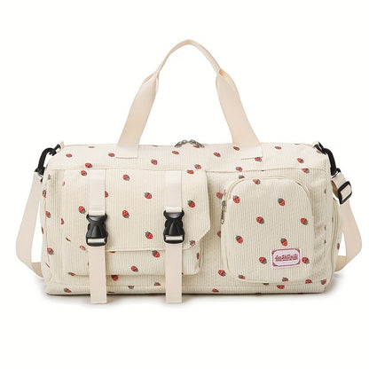 Large Capacity Travel Duffel Bag with Strawberry Pattern, Wet/Dry Separation, Independent Shoe Compartment & Multiple Pockets