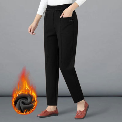 High Waist Straight Leg Pants Women's Fleece Lined Elastic Casual Mom Pants Spring Autumn Winter Polyester Fiber Harlan Pants