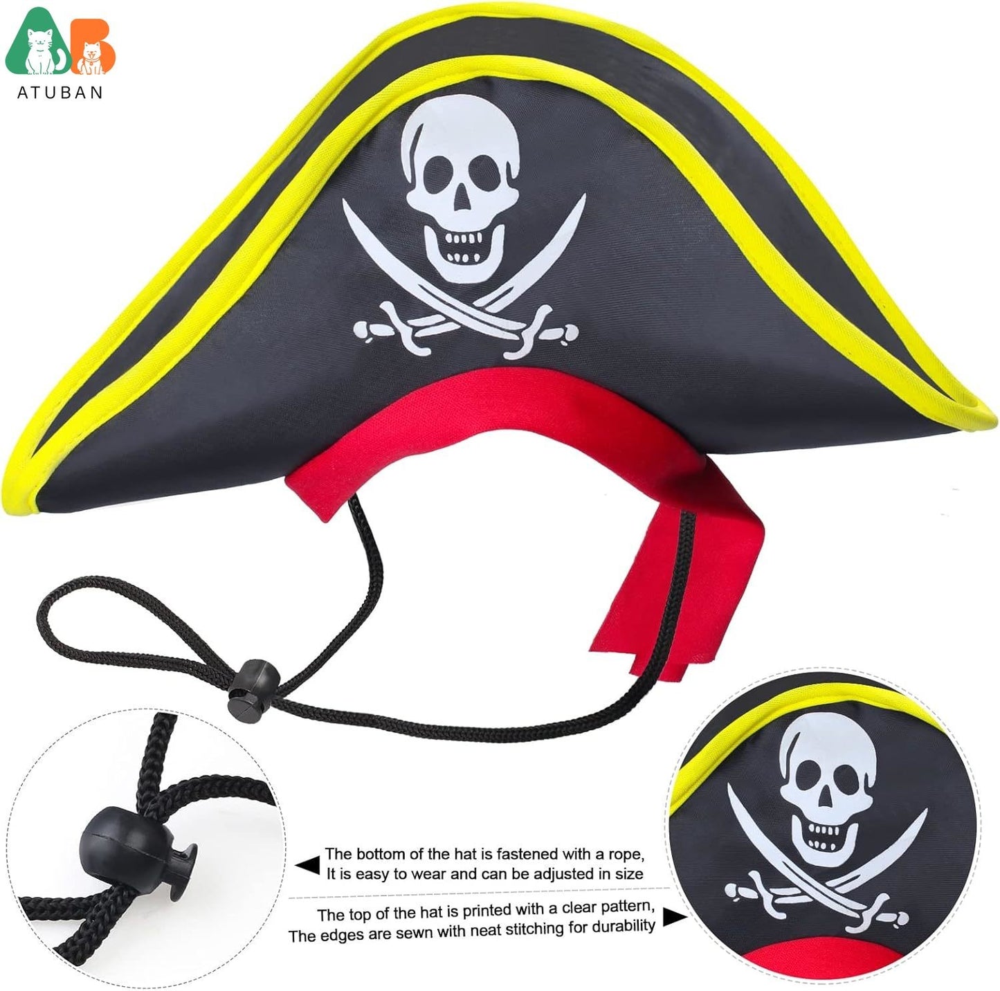 Chapéu de Pirata ATUBAN com Estampa de Caveira para Animais de Estimação com Bandana de Caveira para Cães e Gatos, Boné de Capitão, Fantasia de Pirata para Cosplay de Halloween, Festa de Halloween
