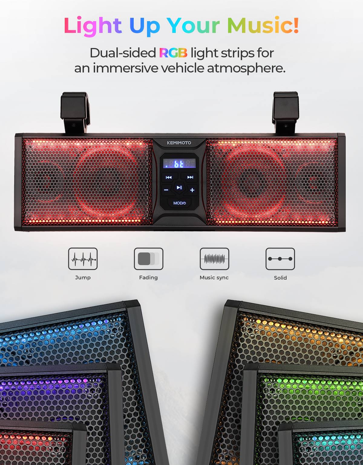 UTV 16in Speaker Metal Sound Bar IP65 Waterproof Golf Cart Sound Bar ATV Speaker Bluetooth with RGB Fits 1.25 in - 2 in Roll Bar