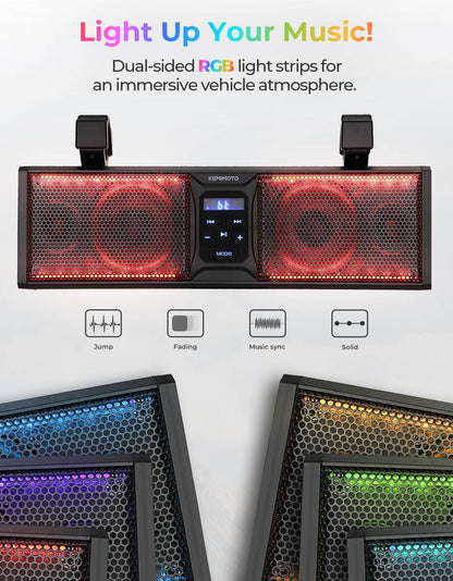 UTV 16in Speaker Metal Sound Bar IP65 Waterproof Golf Cart Sound Bar ATV Speaker Bluetooth with RGB Fits 1.25 in - 2 in Roll Bar