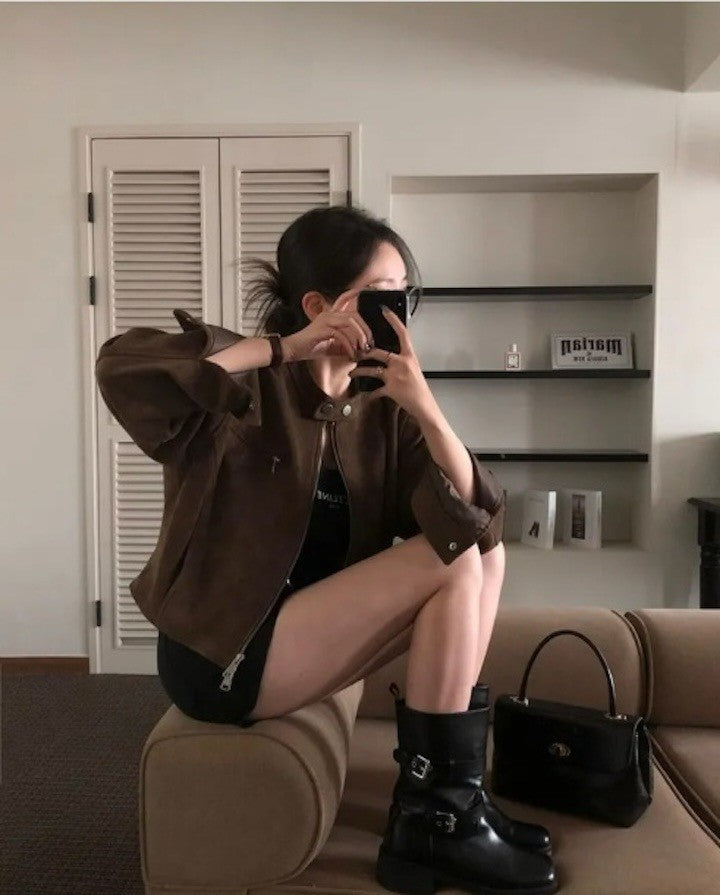 Retro American Coffee Brown Copper Zipper Button Short Jacket 2025 Autumn Trendy PU Leather Jacket Versatile for Dynamic Women