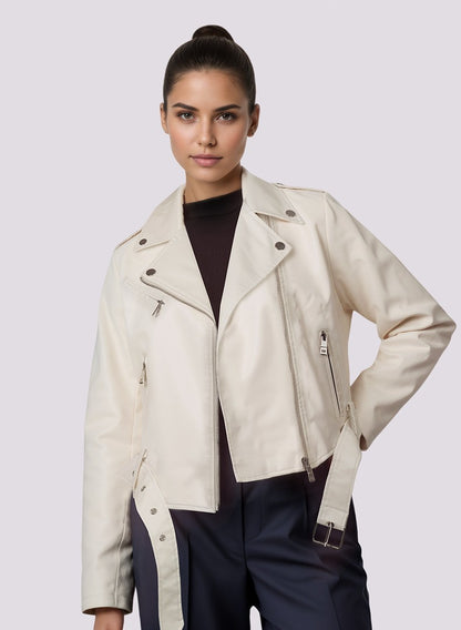 Women's Bright Red Long-sleeve PU Jacket, Lapel Collar Black Short Faux Leather Coat, Available in Dark Brown or Beige.