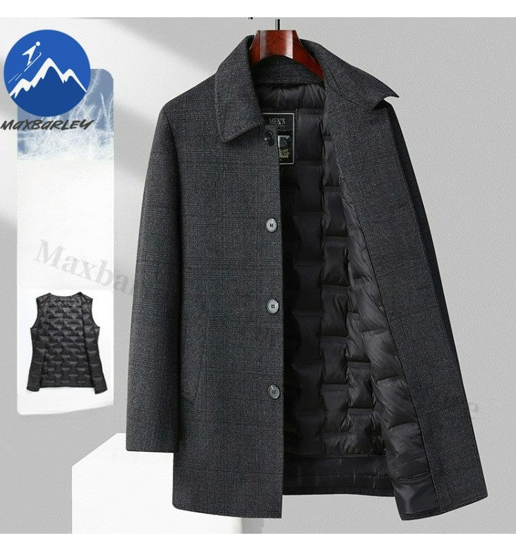 Maxbarley Winter Down Coat Lightw Luxurious Detachable Lining Working Cold Proof Overcoat Mens Mid Length Warm Woolen Trench