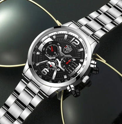 5PCS Set DEYROS Fashion Mens Calendar Watches Men Business Stainless Steel Quartz Wristwatch Male Casual Necklace Bracelet Watch