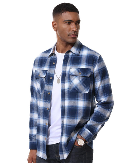 MAGCOMSEN Flannel Shirts Men's Long Sleeves Cotton Long Sleeve Plaid Shirt with 2 Pockets Button Down Casual Corduroy Shirt Male