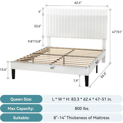 Cama Queen Size com Estrutura Plataforma, Cama Estofada em Veludo Moderna com Cabeceira Ajustável com Capitonê Vertical,