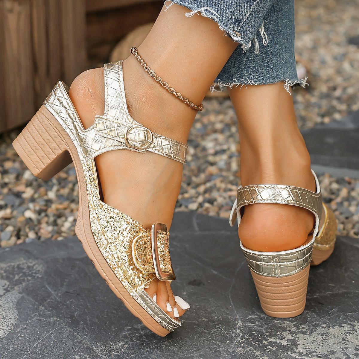 Women's Shiny Sequin High Heels Sandals Summer Ankle Buckle Beach Sandals Casual Woman Plus Size 43 Women's Shoes