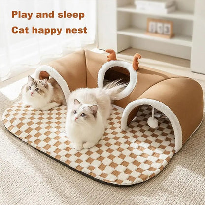 Cama de Gato de Pelúcia Quente de Inverno com Aparência de Rena Esconderijo Túnel para Gatos Brincar e Dormir Casa Integrada para Gatos Ninho para Animais de Estimação