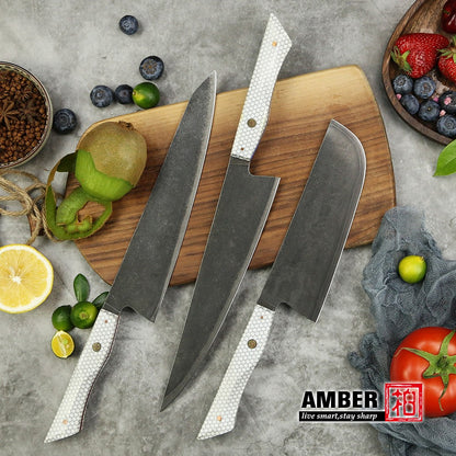 Conjunto de 3 facas de cozinha japonesas afiadas Damascus para Chef e Nakiri, lâmina de aço revestida de 3 camadas com cabo de resina e espaçador G10