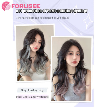 FORLISEE Cabelo Sintético Cacheado Longo com Gradiente Peruca Paris Pintada com Volume de Cabelo Aumentado e Apliques de Cabelo Fofos