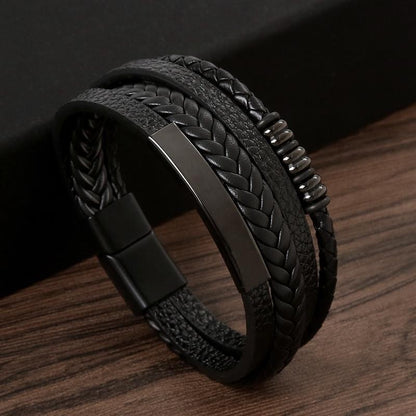 Pulseira de Couro Masculina Punk com Fecho Magnético de Aço Inoxidável Trançado em Camadas Envoltório de Couro Pulseiras Presente Joias Masculinas