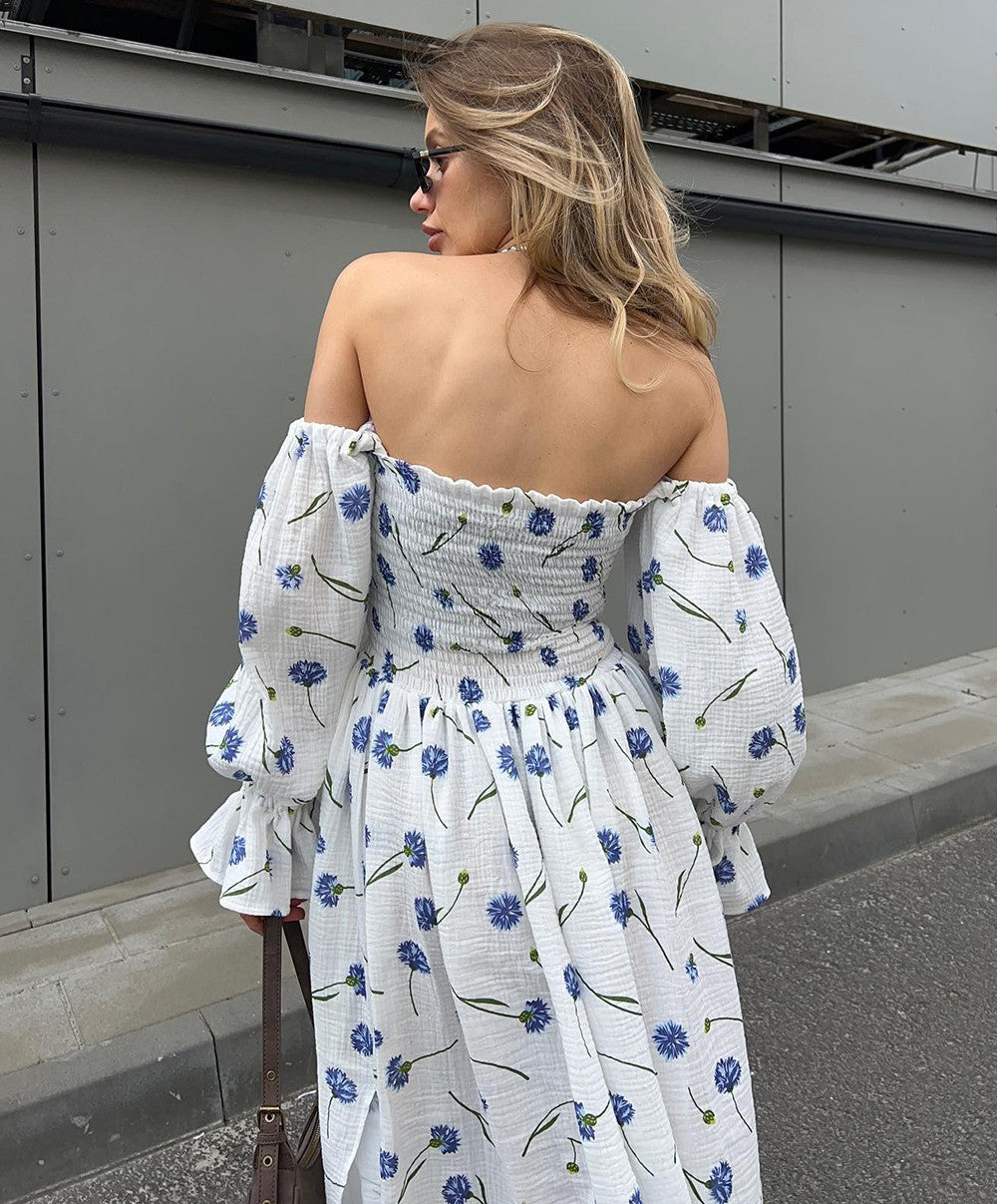 Women's Summer Cotton Dress 100% Elegant Ruffle Midi Floral Print Dress with Sid