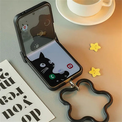 Capa de celular preta com orelhas de gato fofas Coreia Japão para Motorola Razr 60 50 Ultra Razr 40 Ultra para Samsung Galaxy Z Flip 7/6/5/4/3