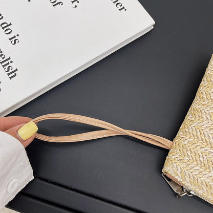 Women Girls Fashion Clutch Solid Straw Wristlet Bag Ladies Beach Summer Handbags Purse Daily Money Coin Phone Card Bag