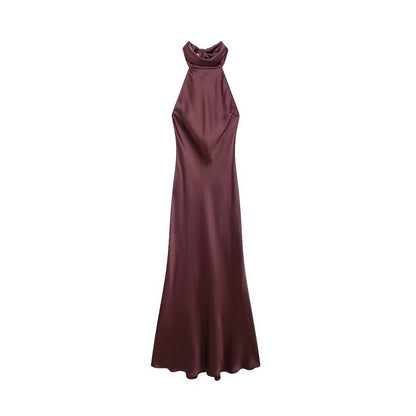 TRZA-Women's Long Satin Halter Dress, Backless, Bow Tied, Back Zipper, Female Dr