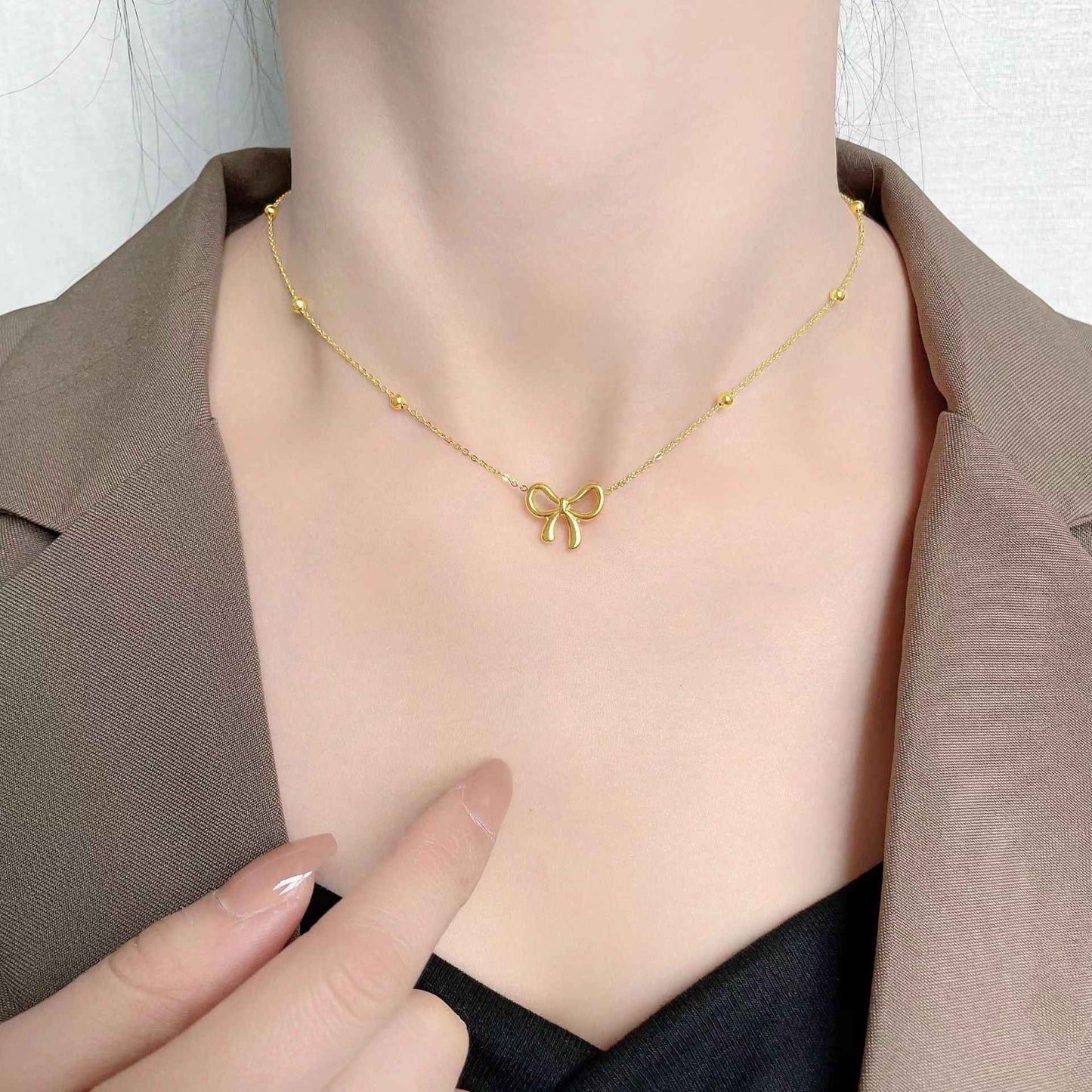 Conjunto de Joias Clássico de Aço Inoxidável com Laço, Colar, Pulseiras e Brincos para Mulheres e Meninas, Novo, Moderno, Gargantilha, Presente de Festa