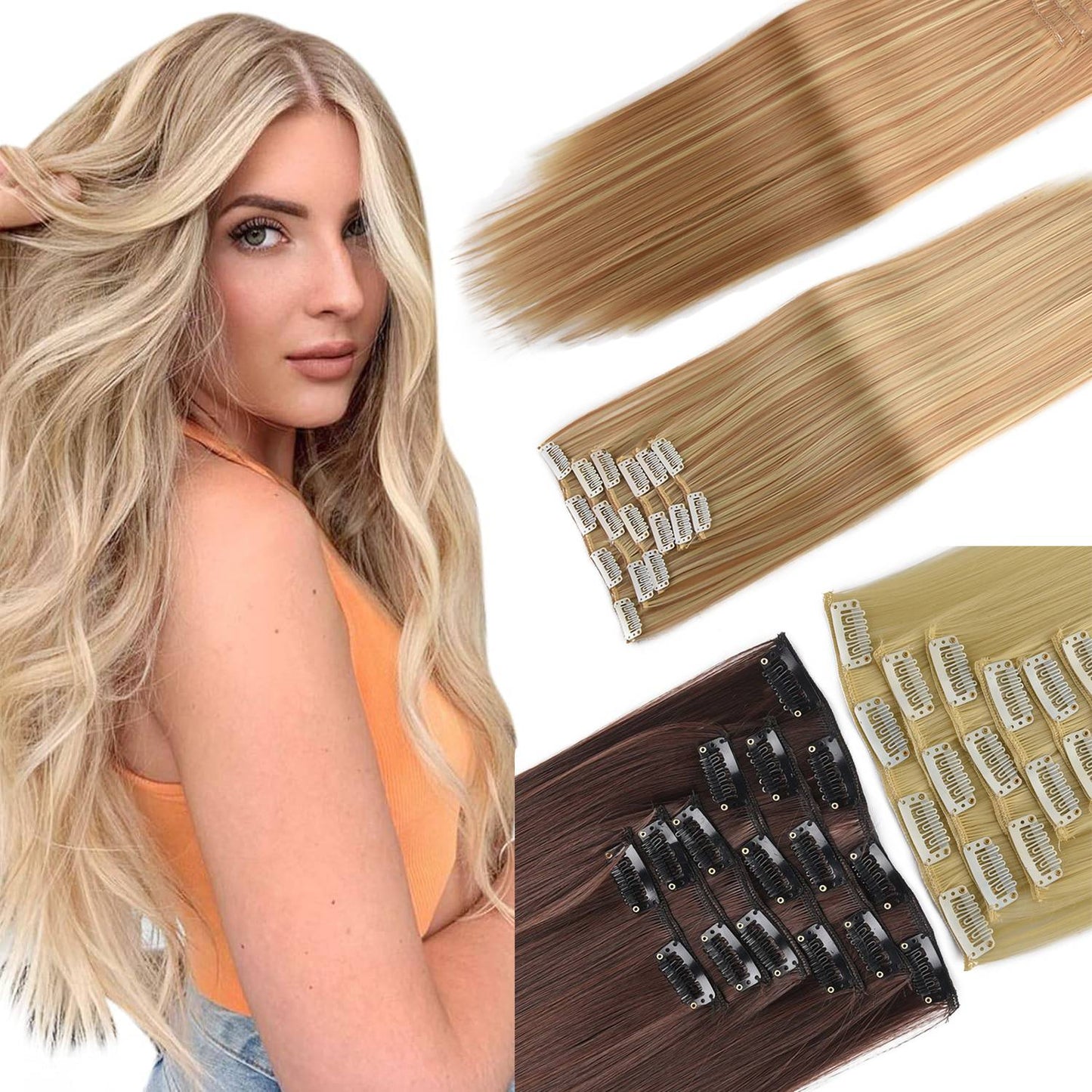 Apliques de Cabelo Natural de 24 Polegadas Cabelo Sintético para Mulheres Kit de Fios de Cabelo 16 Tic-Tacs em 6 Peças Apliques Mechas de Cabelo