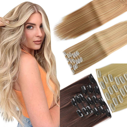 Apliques de Cabelo Natural de 24 Polegadas Cabelo Sintético para Mulheres Kit de Fios de Cabelo 16 Tic-Tacs em 6 Peças Apliques Mechas de Cabelo