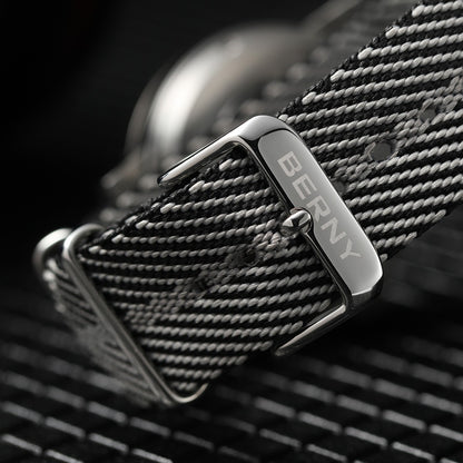 BERNY Automatic Watch Men 40mm Luminous Railway Time Dial MIYOTA 8215 Nylon Strap Sapphire 50M Waterproof Men's Mechanical Watch