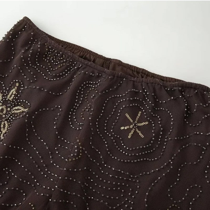 HXAO Women's Pants 2025 Beaded Tulle Pants For Woman Baggy Sequin New In Pants Spring Summer Semi Sheer Women's Trousers 088