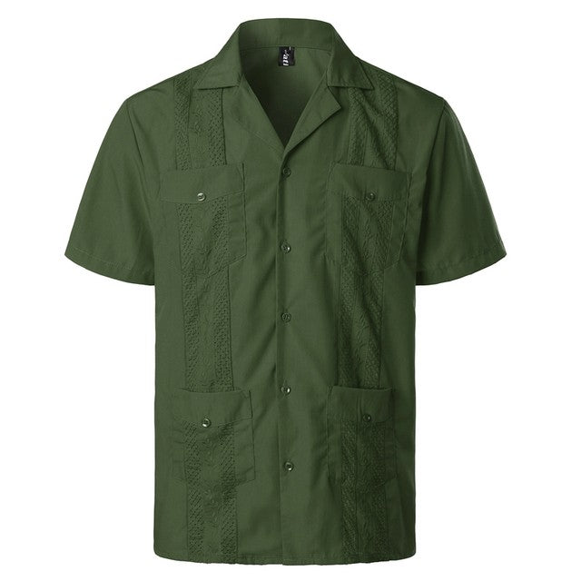Men's Traditional Cuban Camp Collar Guayabera Shirts Short Sleeve Embroidered Mexican Caribbean Style Beach Shirts with 4 Pocket