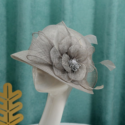 Chapéu de sol de aba grande com design de padrão de fio de cânhamo duplo, acessórios de pena, elegante chapéu de banquete, chapéu de praia para casamento ou férias, chapéu equestre