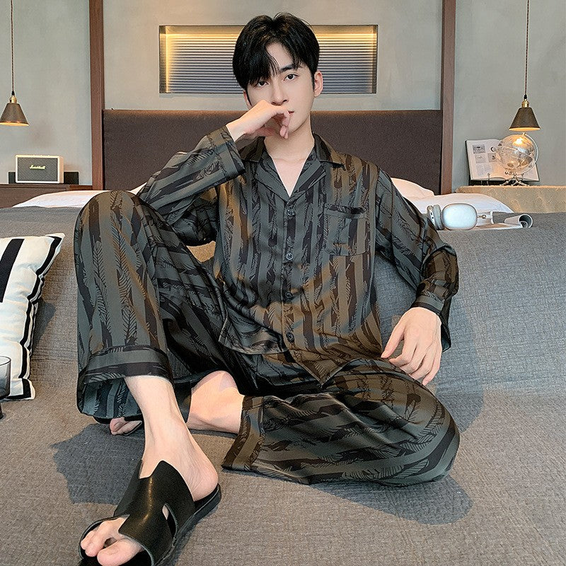 Large Size Ice Silk Men's Sleepwear 2025 New High-End V-Neck Thin Long Sleeved Two-Piece Set for Home Wear Youth Nightwear