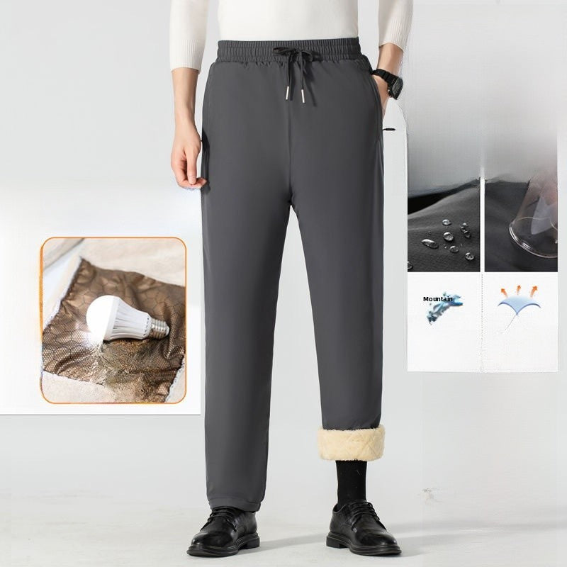 Calça Masculina de Inverno Acolchoada de Algodão para Baixo com Veludo de Cordeiro, Joelheira, À Prova de Vento, Quente, Comprida, para Neve, Negócios, Casual
