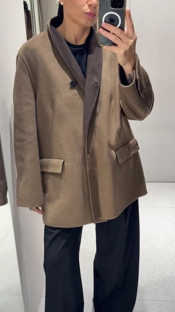 Fashion Brown Wool-blend Coat Women Stand Collar Long Sleeve One Button Pocket Warm Jacket 2025 Autumn Lady Chic Outwears New