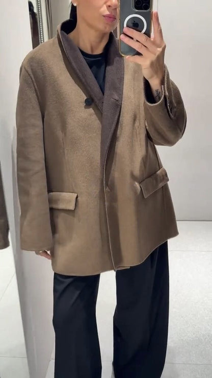 Fashion Brown Wool-blend Coat Women Stand Collar Long Sleeve One Button Pocket Warm Jacket 2025 Autumn Lady Chic Outwears New