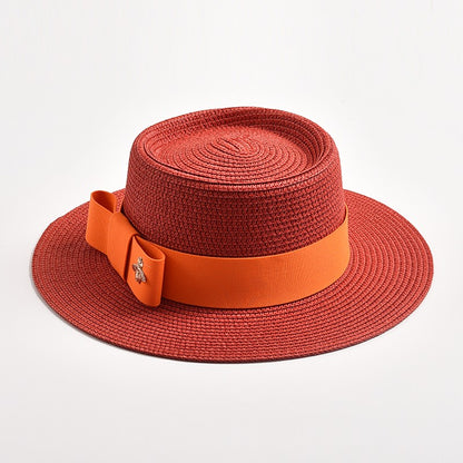 Novos Chapéus de Palha Primavera Verão Femininos de Superfície Ondulada, Topo Reto, Laço, Boné de Vestido, Chapéu de Sol para Viagem e Praia, Gorra