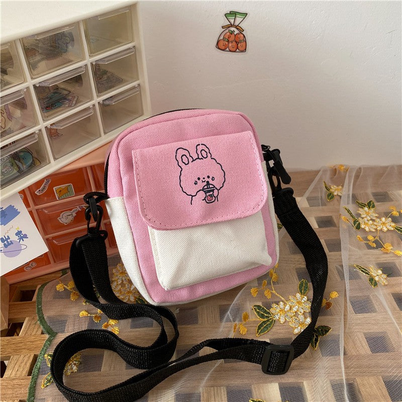 Ladies Fashion Canvas Small Square Bag Korean Version Multifunctional Cute Dog One-shoulder Diagonal Mobile Phone Package