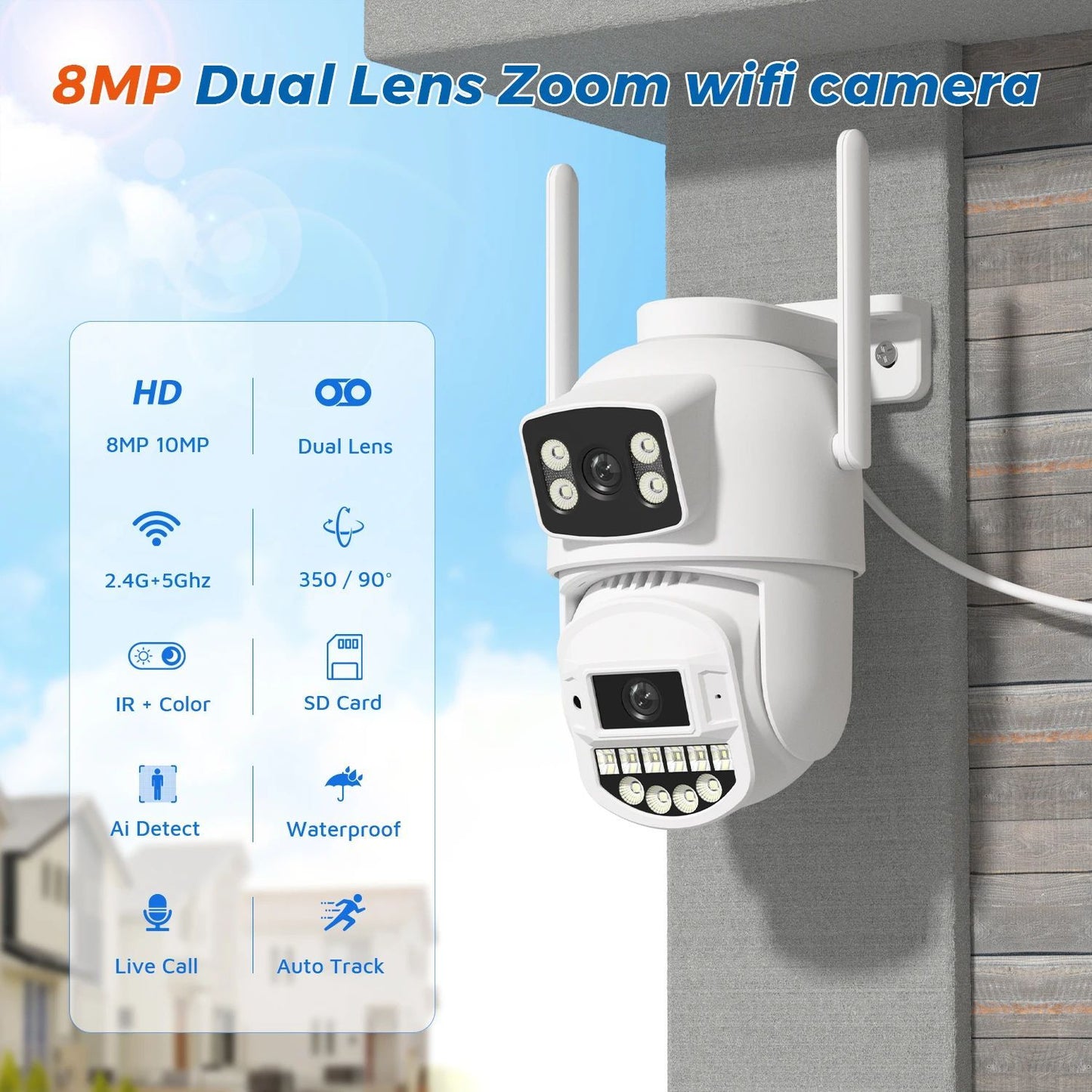 10MP 5K Wifi IP Camera Outdoor 2.4GHZ 5GHZ PTZ Surveillance Camera Dual Lens Dual Screens Email Alert 4K Security Protection