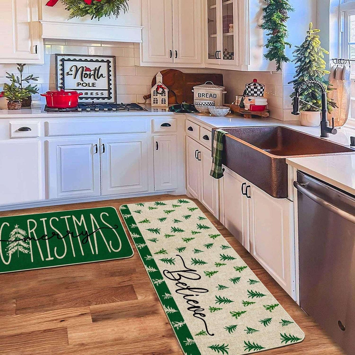 VIKAMA 2-Piece Christmas Festival Rug Set Kitchen Mat Combo, Entrance Hall Doormat Stain-Resistant and Easy-Care Home Decor