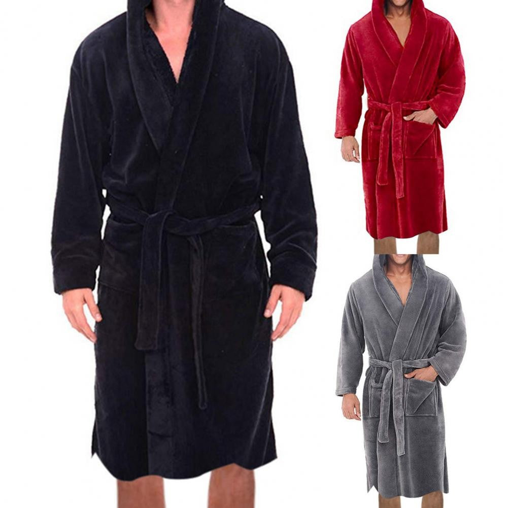 Belt Flannel Bath Robe for Men Hooded Pockets Warm Men Nightgown Men Plush Bathrobe Sleepwear Home Clothes Loose Pajamas Robe